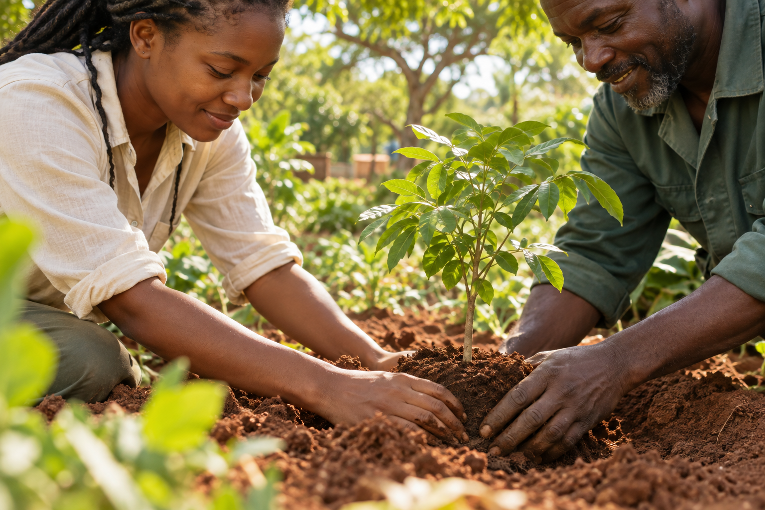 Deux adultes plantent un jeune arbre, illustration de l’engagement environnemental